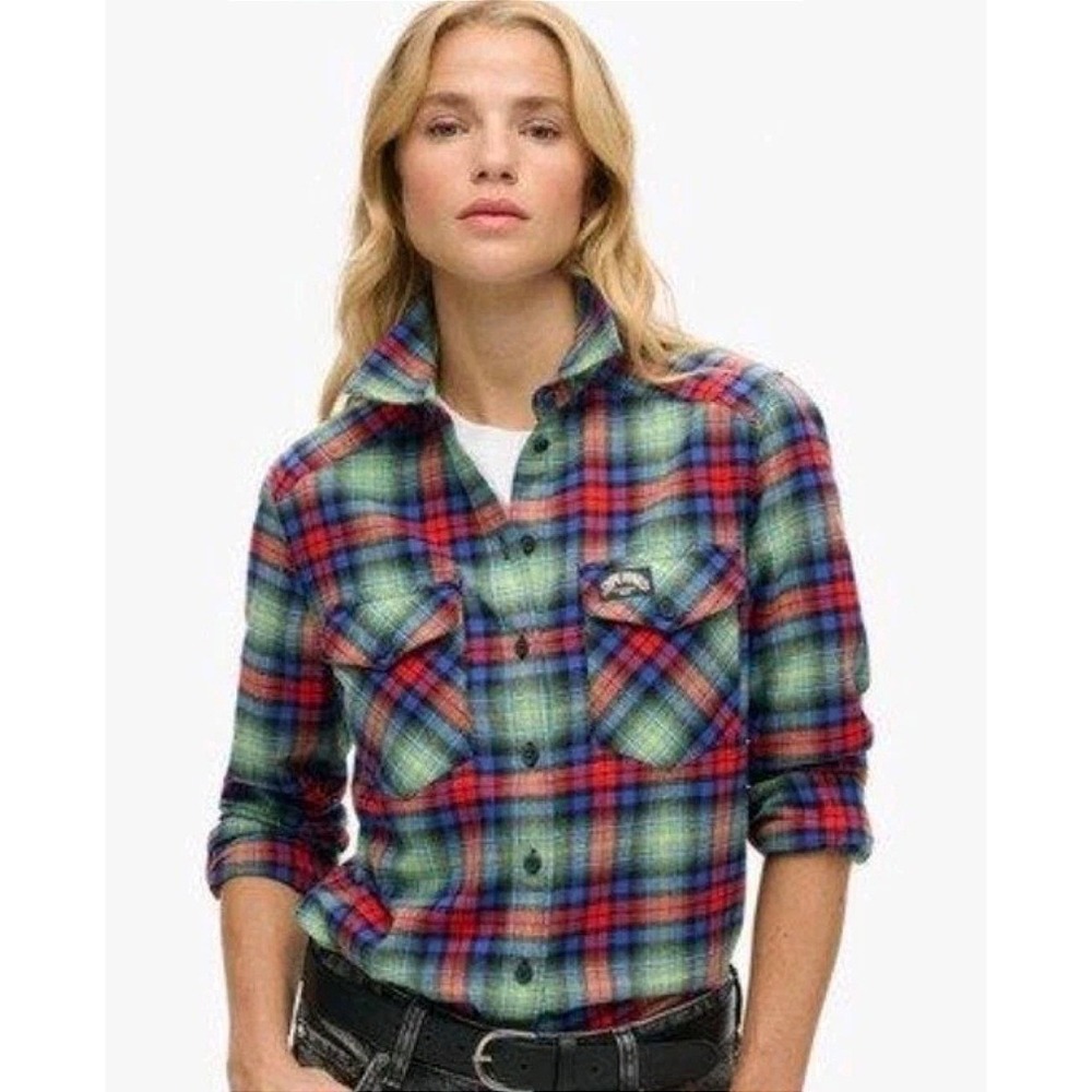 Superdry Plaid Button Down Shirt Womens 6 Multicolor Flannel Long Sleeve Casual